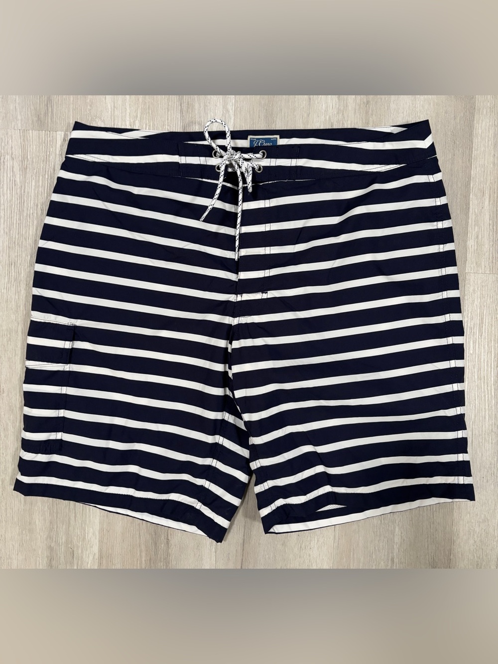 J CREW Navy & White Striped Long Board Short Trunk Swimsuit Waist 33” Inseam 9”